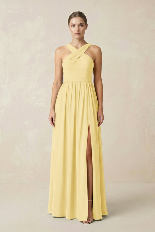 Cross Halter Neck Chiffon A-Line Bridesmaid Dress With Slit in Pastel Yellow - KissProm BRIDESMAID DRESSES
