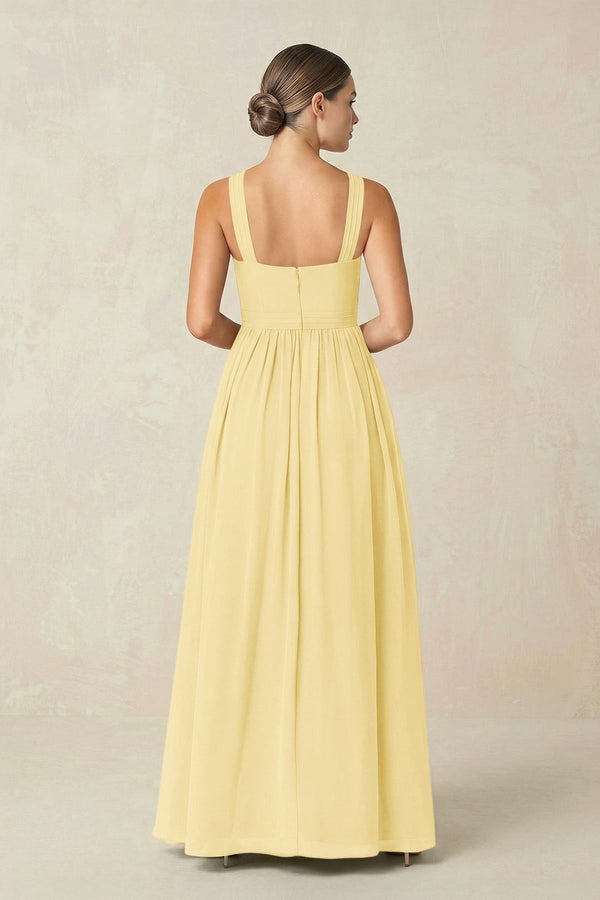 Cross Halter Neck Chiffon A-Line Bridesmaid Dress With Slit in Pastel Yellow Cross Halter Neck Chiffon A-Line Bridesmaid Dress With Slit in Pastel Yellow