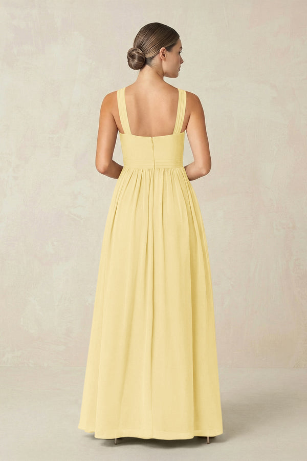 Cross Halter Neck Chiffon A-Line Bridesmaid Dress With Slit in Pastel Yellow - KissProm BRIDESMAID DRESSES