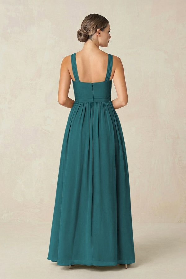 Cross Halter Neck Chiffon A-Line Bridesmaid Dress With Slit in Pine - KissProm BRIDESMAID DRESSES