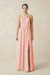 Cross Halter Neck Chiffon A-Line Bridesmaid Dress With Slit in Rose Petal - KissProm BRIDESMAID DRESSES