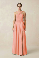 Cross Halter Neck Chiffon A-Line Bridesmaid Dress With Slit in Rosette - KissProm BRIDESMAID DRESSES