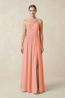 Cross Halter Neck Chiffon A-Line Bridesmaid Dress With Slit in Rosette - KissProm BRIDESMAID DRESSES