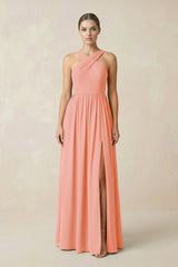Cross Halter Neck Chiffon A-Line Bridesmaid Dress With Slit in Rosette - KissProm BRIDESMAID DRESSES