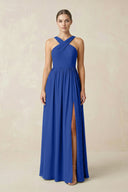 Cross Halter Neck Chiffon A-Line Bridesmaid Dress With Slit in Royal Blue - KissProm BRIDESMAID DRESSES
