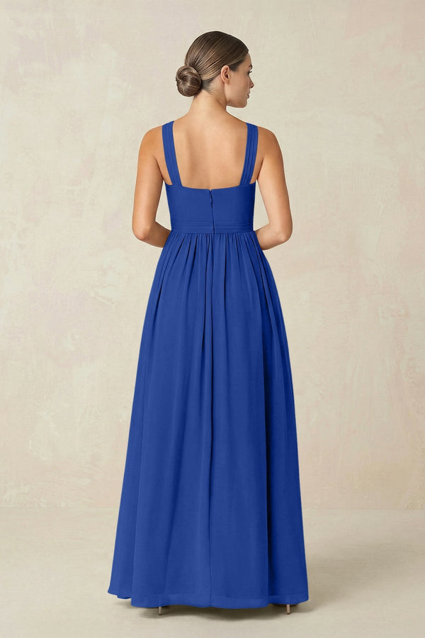 Cross Halter Neck Chiffon A-Line Bridesmaid Dress With Slit in Royal Blue - KissProm BRIDESMAID DRESSES
