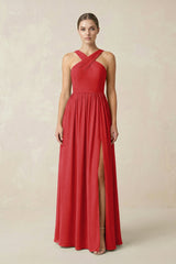 Cross Halter Neck Chiffon A-Line Bridesmaid Dress With Slit in Ruby Red - KissProm BRIDESMAID DRESSES