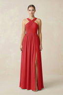 Cross Halter Neck Chiffon A-Line Bridesmaid Dress With Slit in Ruby Red - KissProm BRIDESMAID DRESSES