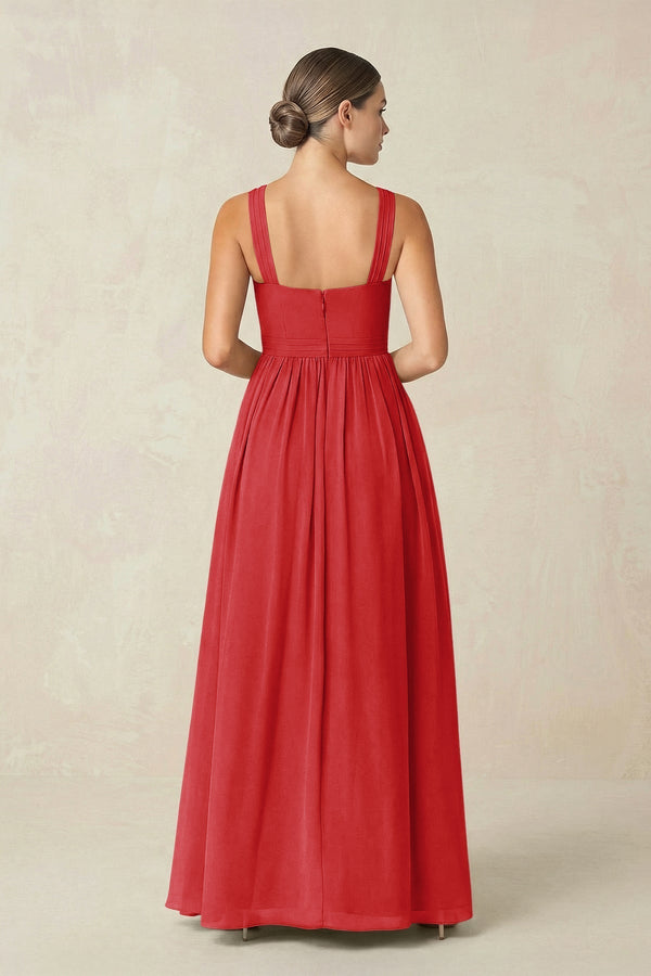 Cross Halter Neck Chiffon A-Line Bridesmaid Dress With Slit in Ruby Red - KissProm BRIDESMAID DRESSES