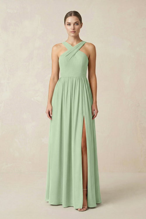 Cross Halter Neck Chiffon A-Line Bridesmaid Dress With Slit in Sage - KissProm BRIDESMAID DRESSES