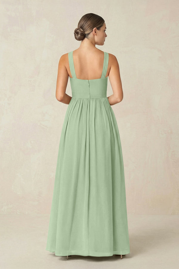 Cross Halter Neck Chiffon A-Line Bridesmaid Dress With Slit in Sage - KissProm BRIDESMAID DRESSES
