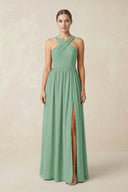 Cross Halter Neck Chiffon A-Line Bridesmaid Dress With Slit in Sea Glass - KissProm BRIDESMAID DRESSES