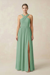 Cross Halter Neck Chiffon A-Line Bridesmaid Dress With Slit in Sea Glass - KissProm BRIDESMAID DRESSES