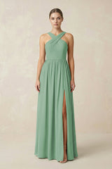 Cross Halter Neck Chiffon A-Line Bridesmaid Dress With Slit in Sea Glass - KissProm BRIDESMAID DRESSES