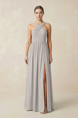 Cross Halter Neck Chiffon A-Line Bridesmaid Dress With Slit in Silver - KissProm BRIDESMAID DRESSES