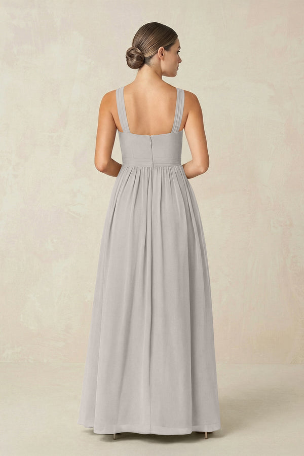 Cross Halter Neck Chiffon A-Line Bridesmaid Dress With Slit in Silver - KissProm BRIDESMAID DRESSES