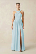 Cross Halter Neck Chiffon A-Line Bridesmaid Dress With Slit in Sky Blue - KissProm BRIDESMAID DRESSES