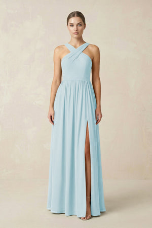 Cross Halter Neck Chiffon A-Line Bridesmaid Dress With Slit in Sky Blue - KissProm BRIDESMAID DRESSES