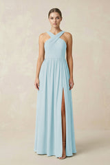 Cross Halter Neck Chiffon A-Line Bridesmaid Dress With Slit in Sky Blue - KissProm BRIDESMAID DRESSES