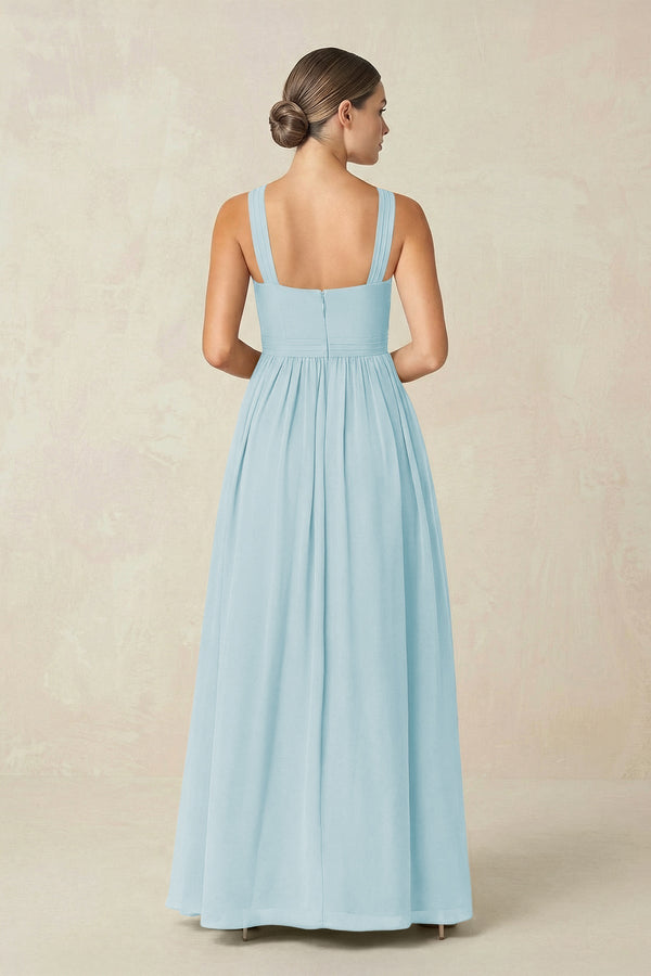 Cross Halter Neck Chiffon A-Line Bridesmaid Dress With Slit in Sky Blue - KissProm BRIDESMAID DRESSES