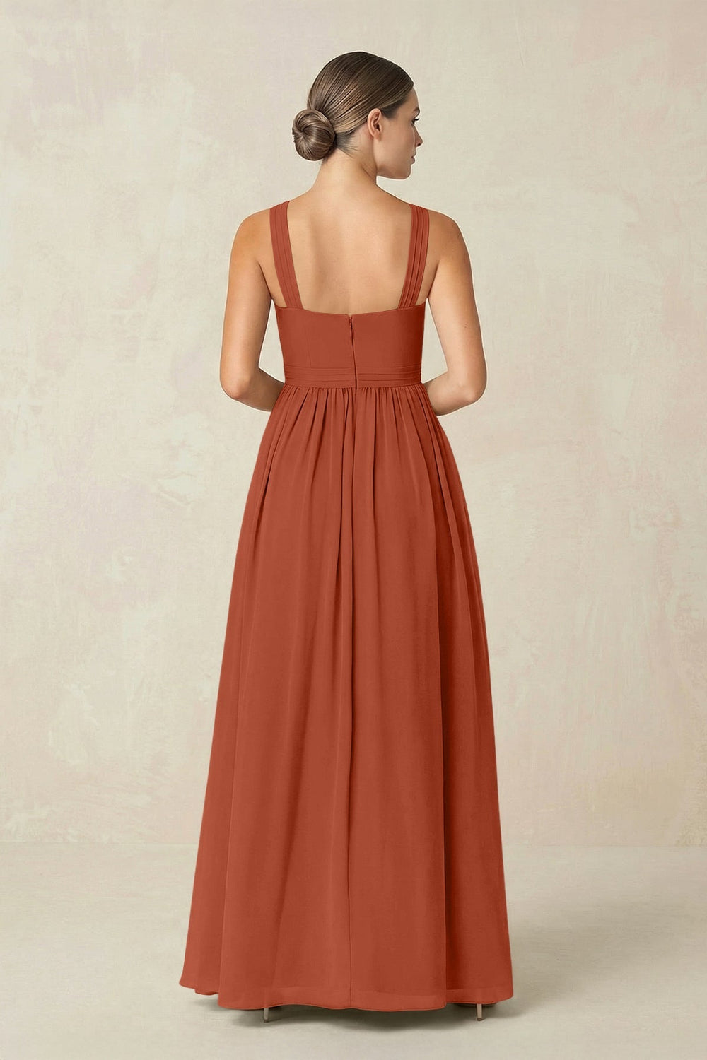 Cross Halter Neck Chiffon A-Line Bridesmaid Dress With Slit in Spice - KissProm BRIDESMAID DRESSES