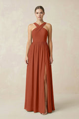 Cross Halter Neck Chiffon A-Line Bridesmaid Dress With Slit in Spice - KissProm BRIDESMAID DRESSES