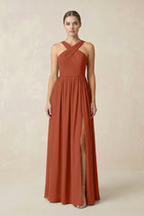 Cross Halter Neck Chiffon A-Line Bridesmaid Dress With Slit in Spice - KissProm BRIDESMAID DRESSES