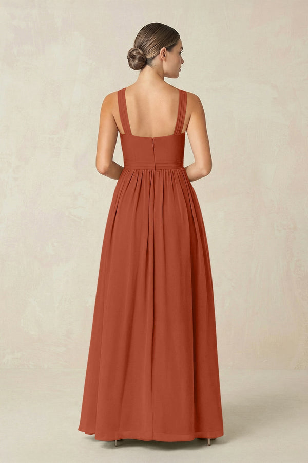 Cross Halter Neck Chiffon A-Line Bridesmaid Dress With Slit in Spice - KissProm BRIDESMAID DRESSES