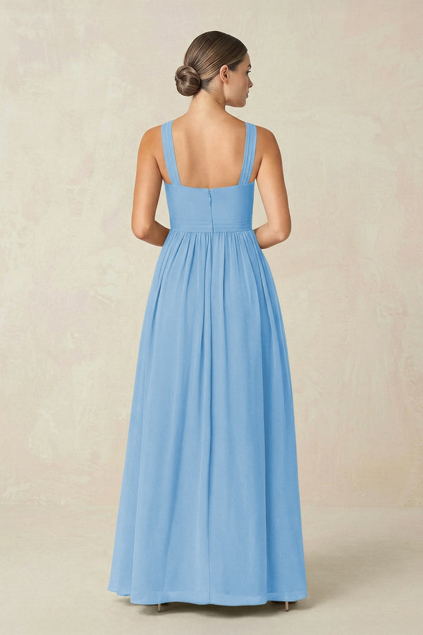 Cross Halter Neck Chiffon A-Line Bridesmaid Dress With Slit in Steel Blue - KissProm BRIDESMAID DRESSES