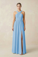 Cross Halter Neck Chiffon A-Line Bridesmaid Dress With Slit in Steel Blue - KissProm BRIDESMAID DRESSES
