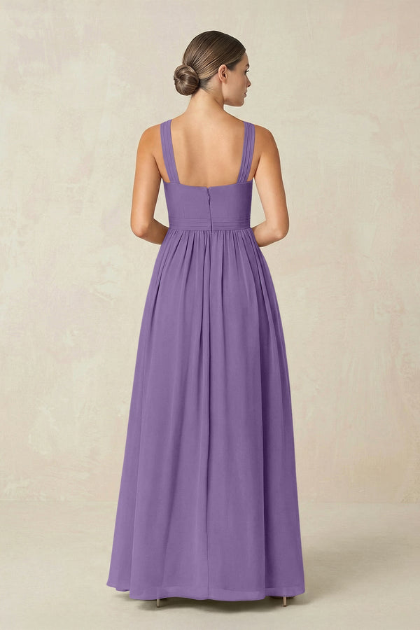 Cross Halter Neck Chiffon A-Line Bridesmaid Dress With Slit in Tahiti - KissProm BRIDESMAID DRESSES