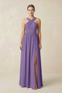 Cross Halter Neck Chiffon A-Line Bridesmaid Dress With Slit in Tahiti - KissProm BRIDESMAID DRESSES