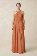 Cross Halter Neck Chiffon A-Line Bridesmaid Dress With Slit in Terracotta - KissProm BRIDESMAID DRESSES