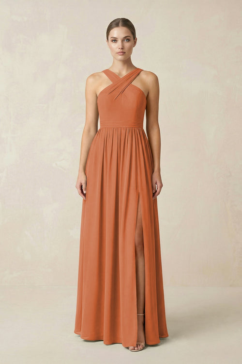 Cross Halter Neck Chiffon A-Line Bridesmaid Dress With Slit in Terracotta - KissProm BRIDESMAID DRESSES