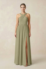 Cross Halter Neck Chiffon A-Line Bridesmaid Dress With Slit in Thyme - KissProm BRIDESMAID DRESSES