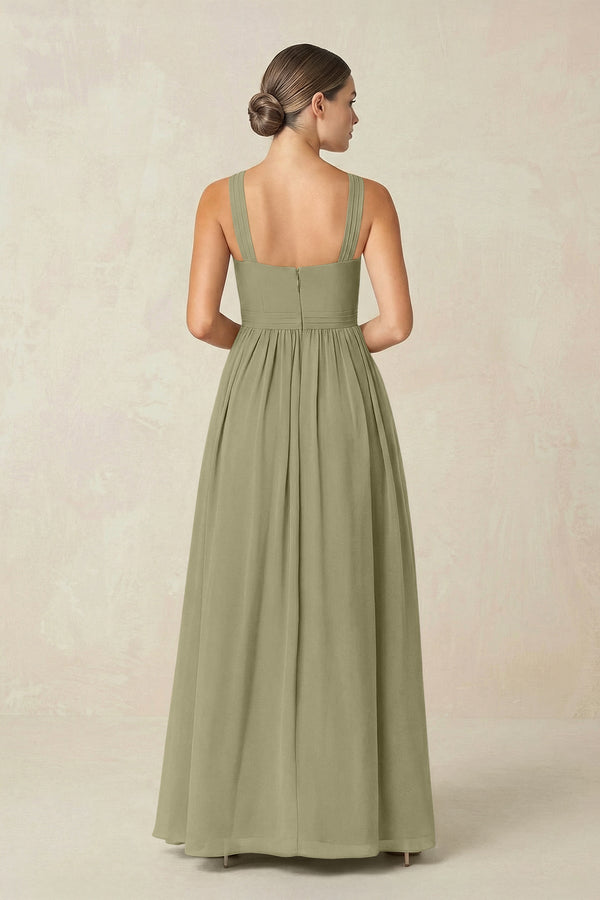 Cross Halter Neck Chiffon A-Line Bridesmaid Dress With Slit in Thyme - KissProm BRIDESMAID DRESSES