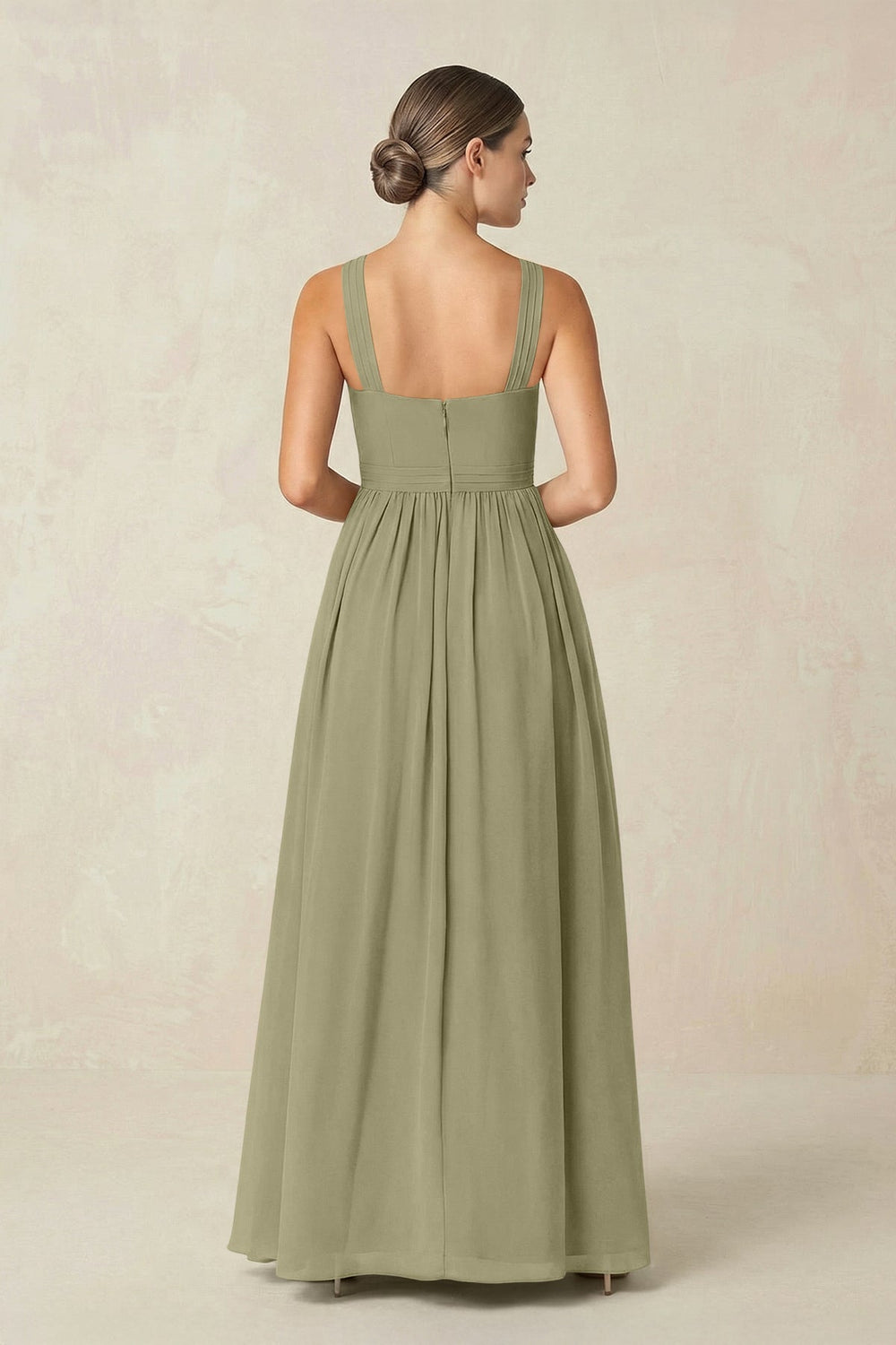Cross Halter Neck Chiffon A-Line Bridesmaid Dress With Slit in Thyme - KissProm BRIDESMAID DRESSES