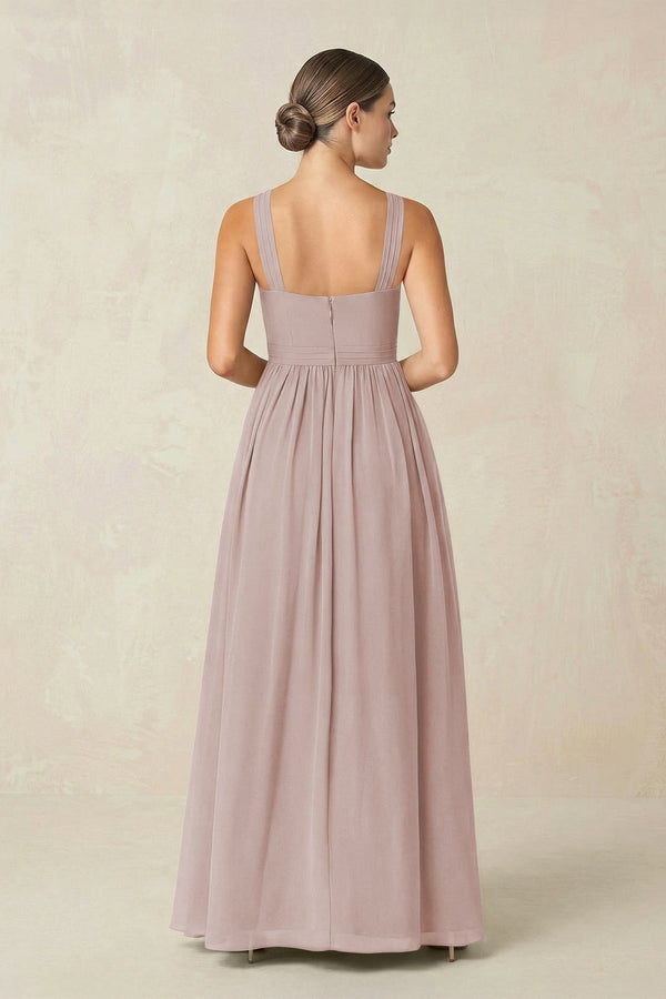 Cross Halter Neck Chiffon A-Line Bridesmaid Dress With Slit in Toffee - KissProm BRIDESMAID DRESSES