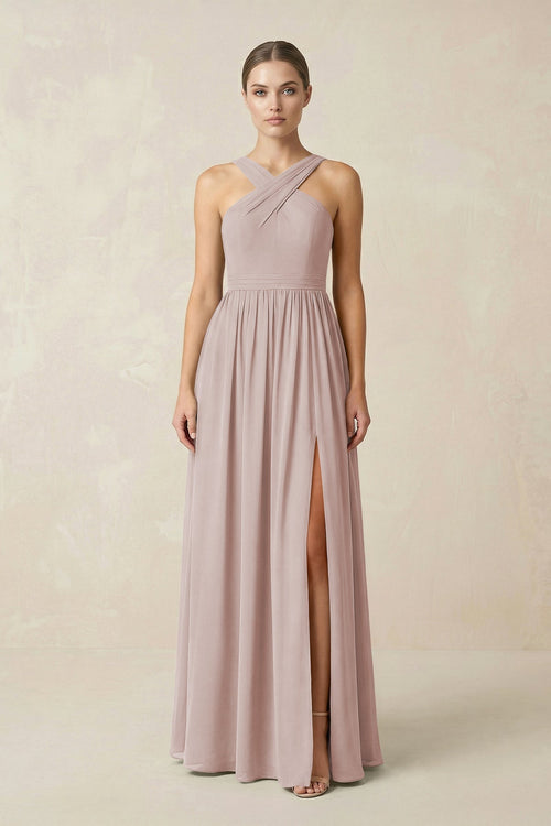 Cross Halter Neck Chiffon A-Line Bridesmaid Dress With Slit in Toffee - KissProm BRIDESMAID DRESSES