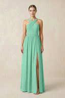 Cross Halter Neck Chiffon A-Line Bridesmaid Dress With Slit in Turquoise - KissProm BRIDESMAID DRESSES