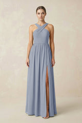 Cross Halter Neck Chiffon A-Line Bridesmaid Dress With Slit in Twilight - KissProm BRIDESMAID DRESSES