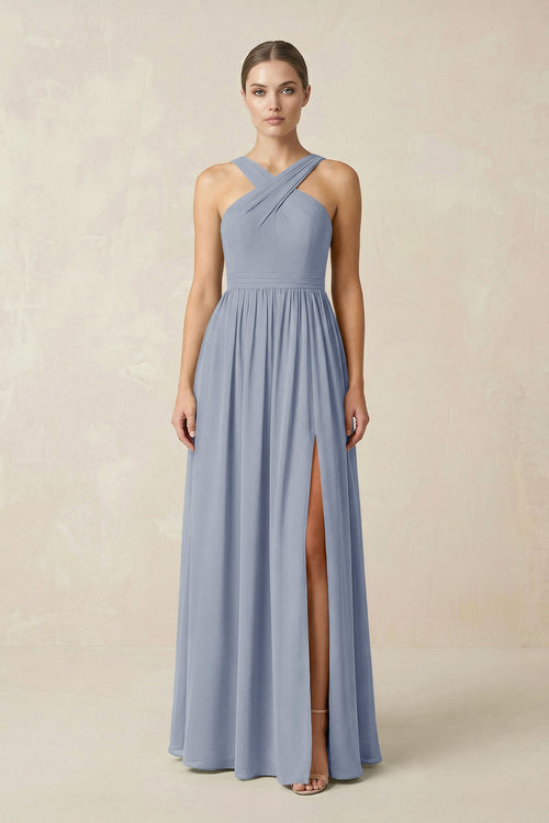 Cross Halter Neck Chiffon A-Line Bridesmaid Dress With Slit in Twilight - KissProm BRIDESMAID DRESSES