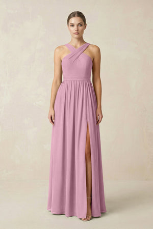 Cross Halter Neck Chiffon A-Line Bridesmaid Dress With Slit in Vintage Mauve - KissProm BRIDESMAID DRESSES