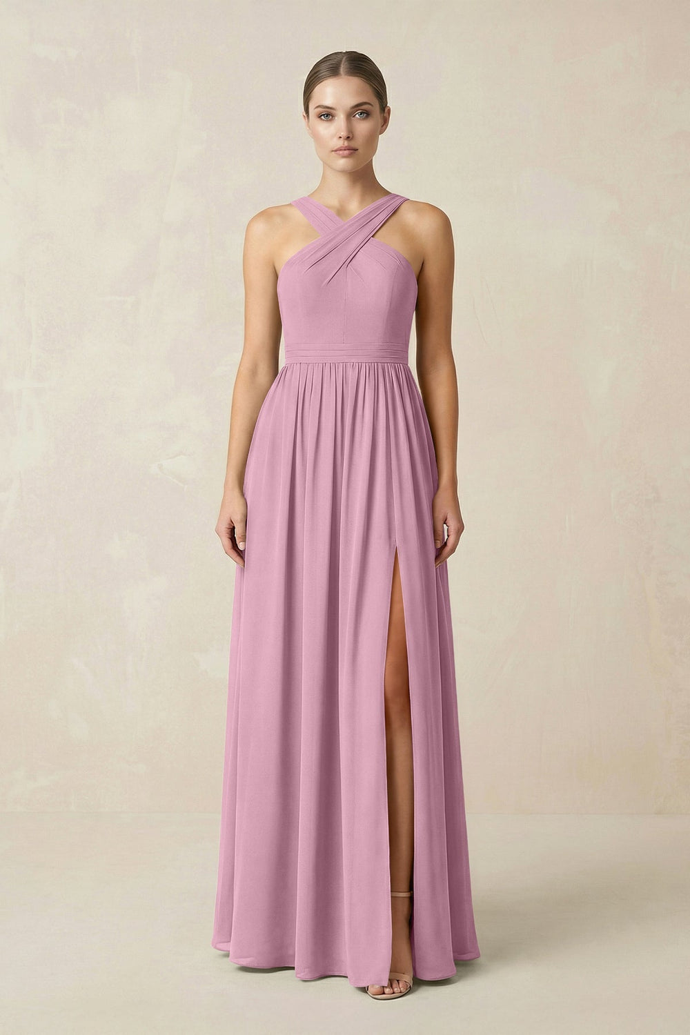 Cross Halter Neck Chiffon A-Line Bridesmaid Dress With Slit in Vintage Mauve - KissProm BRIDESMAID DRESSES