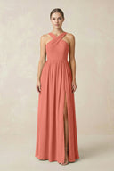 Cross Halter Neck Chiffon A-Line Bridesmaid Dress With Slit in Wild Rose - KissProm BRIDESMAID DRESSES