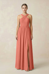 Cross Halter Neck Chiffon A-Line Bridesmaid Dress With Slit in Wild Rose - KissProm BRIDESMAID DRESSES