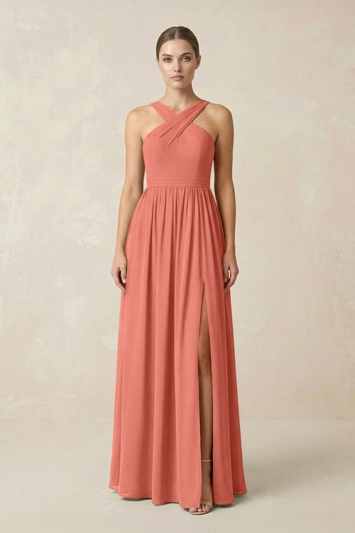 Cross Halter Neck Chiffon A-Line Bridesmaid Dress With Slit in Wild Rose - KissProm BRIDESMAID DRESSES