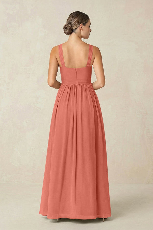Cross Halter Neck Chiffon A-Line Bridesmaid Dress With Slit in Wild Rose - KissProm BRIDESMAID DRESSES