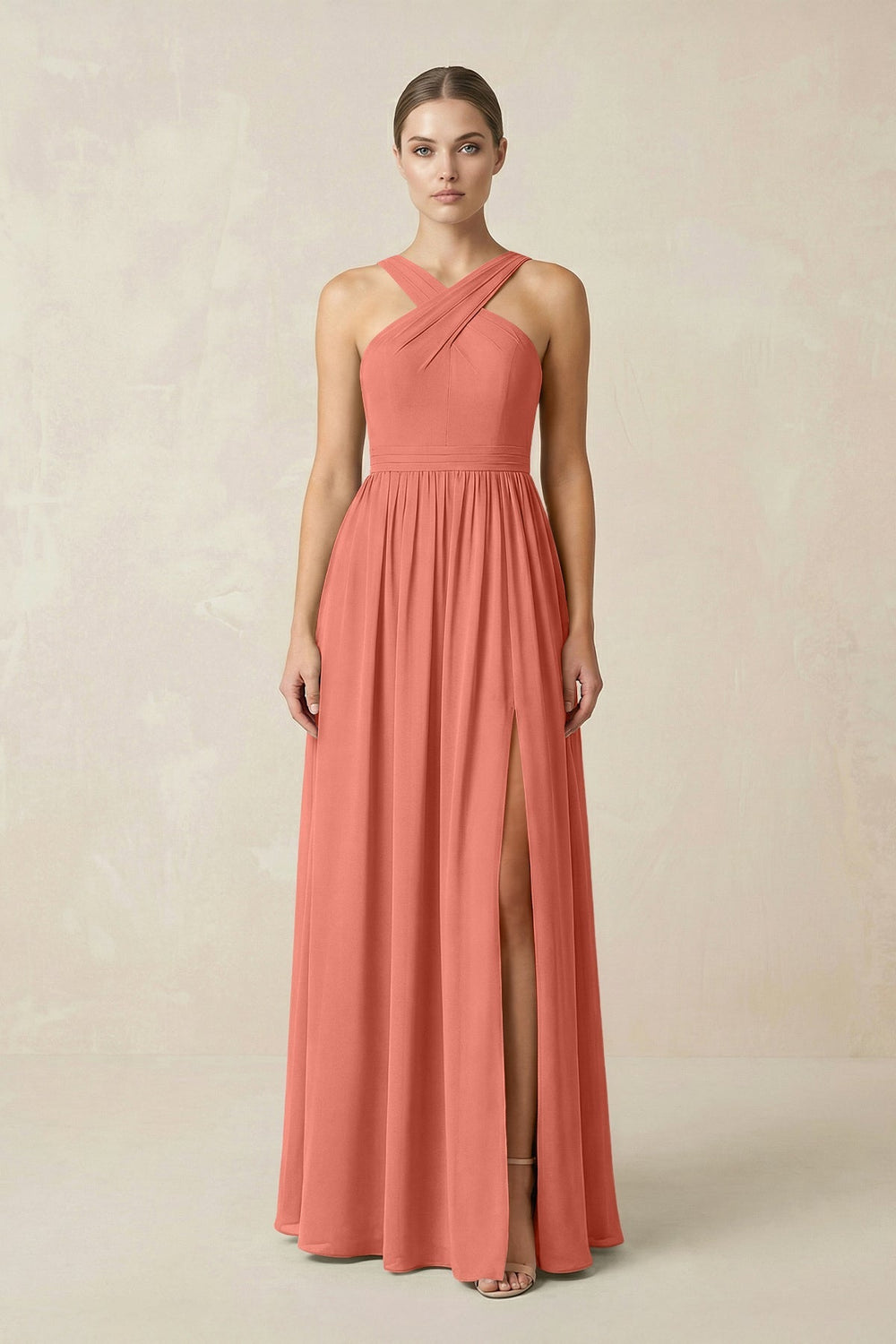 Cross Halter Neck Chiffon A-Line Bridesmaid Dress With Slit in Wild Rose - KissProm BRIDESMAID DRESSES