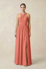 Cross Halter Neck Chiffon A-Line Bridesmaid Dress With Slit in Wild Rose - KissProm BRIDESMAID DRESSES